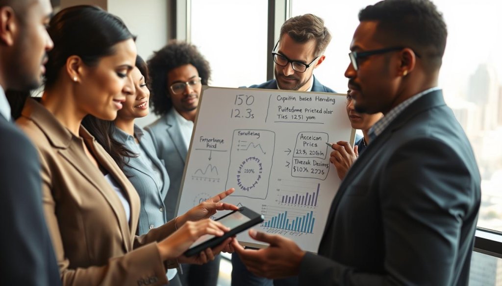 A professional business setting featuring a diverse group of B2B team members engaged in a collaborative discussion about performance pricing strategies. In the foreground, two individuals in business attire are analyzing a set of charts and graphs displayed on a tablet, demonstrating focus and teamwork. The middle layer shows a whiteboard filled with key metrics and strategic insights related to outcome-based growth models. In the background, a large window reveals a cityscape, allowing soft natural light to illuminate the room. The atmosphere is serious yet optimistic, reflecting the risks and rewards of performance pricing. The image should have a warm color palette, conveying professionalism and engagement, with a slight depth of field to emphasize the foreground activity.