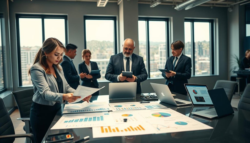 A professional business setting featuring a diverse group of individuals assessing supplier capabilities. In the foreground, a confident female business analyst in professional attire examines a detailed report, surrounded by bar graphs and supply chain diagrams on a sleek conference table. In the middle ground, a concerned male operations manager engages in conversation with a colleague, both dressed in smart attire, while several laptops and tablets display analytics and performance metrics. In the background, large windows let in warm, natural light, casting soft shadows and creating a collaborative atmosphere. The overall mood conveys diligence and teamwork, emphasizing thoroughness in evaluating operational capacity and supply chain reliability.