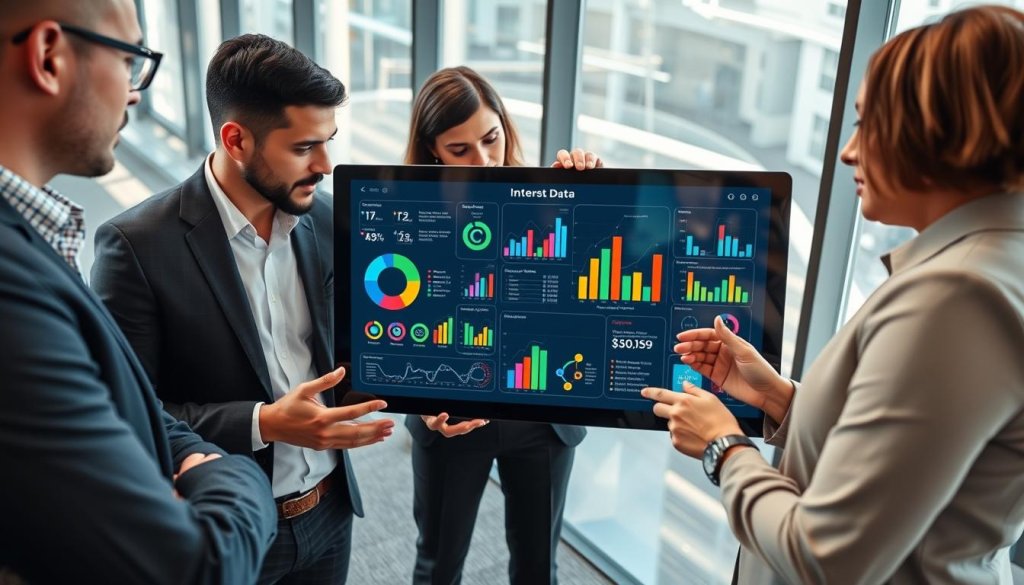 A professional business setting featuring a diverse group of three individuals engaged in a discussion around a large touchscreen display showing visual graphs and data analytics related to intent data for lead generation. In the foreground, the participants, dressed in smart business attire, analyze trends and insights with expressions of focus and collaboration. In the middle, the touchscreen showcases colorful pie charts, bar graphs, and icons representing target audience data. In the background, a modern office environment with large windows allowing natural light to stream in, casting soft shadows. The atmosphere is energetic yet professional, reflecting a sense of innovation and teamwork in utilizing data for smarter outreach strategies. The angle should be slightly above eye level to capture all details effectively. A professional business setting featuring a diverse group of three individuals engaged in a discussion around a large touchscreen display showing visual graphs and data analytics related to intent data for lead generation. In the foreground, the participants, dressed in smart business attire, analyze trends and insights with expressions of focus and collaboration. In the middle, the touchscreen showcases colorful pie charts, bar graphs, and icons representing target audience data. In the background, a modern office environment with large windows allowing natural light to stream in, casting soft shadows. The atmosphere is energetic yet professional, reflecting a sense of innovation and teamwork in utilizing data for smarter outreach strategies. The angle should be slightly above eye level to capture all details effectively.