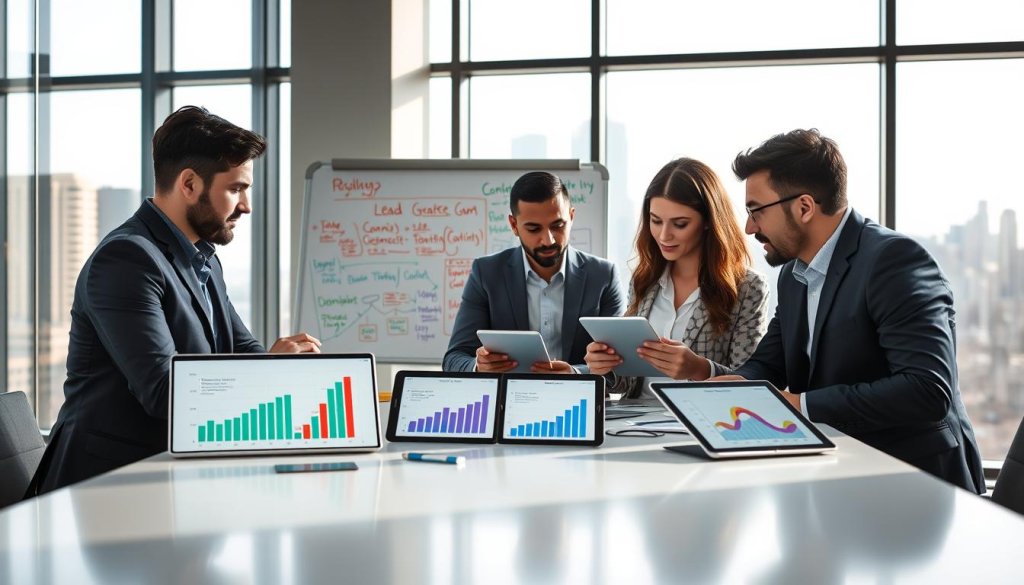 A professional business setting, featuring a modern office environment with large windows allowing natural light to pour in. In the foreground, a diverse group of three entrepreneurs—two men and one woman—collaborate around a sleek table, reviewing digital devices displaying graphs and analytics related to lead generation. The middle layer showcases a whiteboard filled with strategic notes and flowcharts in vibrant colors, emphasizing collaboration and innovation. In the background, a city skyline is visible, hinting at growth and opportunity. The atmosphere is energetic and focused, capturing the essence of dynamic business discussions. Soft shadows enhance the realism, using a lens with a slight depth of field to keep the focus on the entrepreneurs and their collaborative efforts. A professional business setting, featuring a modern office environment with large windows allowing natural light to pour in. In the foreground, a diverse group of three entrepreneurs—two men and one woman—collaborate around a sleek table, reviewing digital devices displaying graphs and analytics related to lead generation. The middle layer showcases a whiteboard filled with strategic notes and flowcharts in vibrant colors, emphasizing collaboration and innovation. In the background, a city skyline is visible, hinting at growth and opportunity. The atmosphere is energetic and focused, capturing the essence of dynamic business discussions. Soft shadows enhance the realism, using a lens with a slight depth of field to keep the focus on the entrepreneurs and their collaborative efforts.