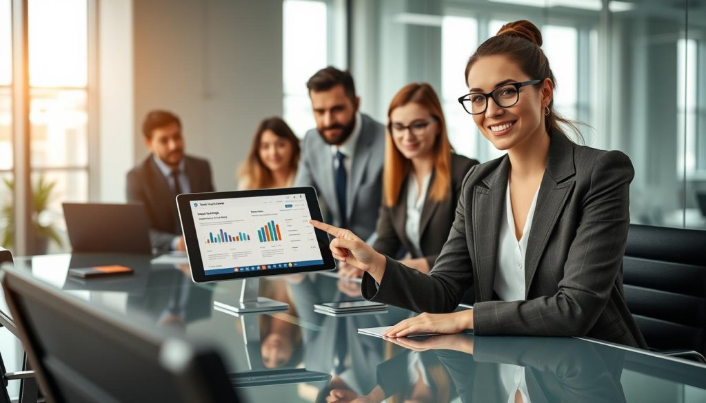 A professional business setting showcasing a diverse group of B2B marketers collaborating around a high-tech conference table. In the foreground, a confident woman in a tailored blazer passionately presents an ideal customer profile on a digital tablet. In the middle, a diverse team of professionals, including a man in a suit and a woman in smart-casual attire, attentively discusses lead generation strategies. The background features a bright, modern office with floor-to-ceiling windows, allowing natural light to illuminate the scene. The atmosphere is focused and dynamic, emphasizing teamwork and innovation, with a subtle depth of field effect to highlight the lively discussions happening at the table.