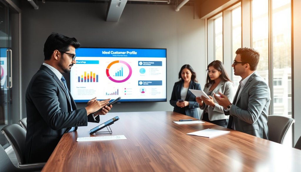 A professional business setting showcasing a diverse group of individuals around a conference table, engaged in a brainstorming session. In the foreground, a confident Indian male wearing a suit gestures while presenting data on a digital tablet. To his right, an Asian female in a smart blazer takes notes, and to his left, a Caucasian male in business casual attire contributes ideas. The middle ground features a large screen displaying a colorful infographic illustrating an ideal customer profile, highlighting key demographics like age, interests, and purchasing behavior. The background shows a modern office environment with large windows allowing natural light to flood the room. The atmosphere is collaborative and focused, evoking a sense of professionalism and strategic planning.