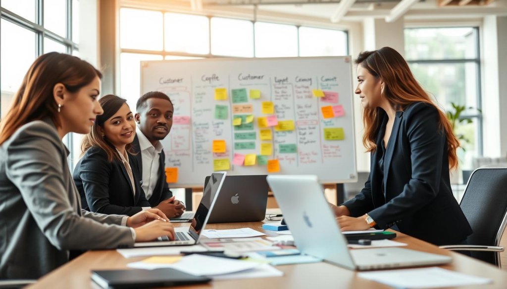 A professional business setting showcasing a diverse group of individuals engaged in a brainstorming session. In the foreground, a close-up of a diverse team of three individuals, a South Asian woman, a Black man, and a Hispanic woman, all dressed in smart business attire, actively discussing customer profiles around a table with laptops and notes scattered. In the middle ground, a large whiteboard filled with colorful diagrams and sticky notes illustrating customer characteristics, preferences, and demographics. The background features an open office space with bright, natural light streaming in through large windows. The atmosphere is collaborative and focused, highlighting the importance of teamwork in identifying ideal customer profiles. The image should have a soft focus with a slight depth of field effect, enhancing the foreground details while subtly blurring the background. A professional business setting showcasing a diverse group of individuals engaged in a brainstorming session. In the foreground, a close-up of a diverse team of three individuals, a South Asian woman, a Black man, and a Hispanic woman, all dressed in smart business attire, actively discussing customer profiles around a table with laptops and notes scattered. In the middle ground, a large whiteboard filled with colorful diagrams and sticky notes illustrating customer characteristics, preferences, and demographics. The background features an open office space with bright, natural light streaming in through large windows. The atmosphere is collaborative and focused, highlighting the importance of teamwork in identifying ideal customer profiles. The image should have a soft focus with a slight depth of field effect, enhancing the foreground details while subtly blurring the background.