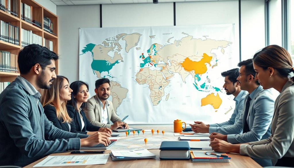 A professional business setting showcasing export and import requirements. In the foreground, a diverse group of business professionals in formal attire are engaging in discussion around a table filled with maps, trade documents, and samples of Indian products. In the middle, a large world map displays key international markets and trade routes highlighted with colorful pins. The background features a modern office ambiance with large windows, natural lighting streaming in, and shelves filled with reference books on international trade. The overall mood is collaborative and focused, conveying a sense of purpose and strategy in navigating global market requirements. The angle captures both the tabletop action and the intricacies of the map, emphasizing global connectivity. A professional business setting showcasing export and import requirements. In the foreground, a diverse group of business professionals in formal attire are engaging in discussion around a table filled with maps, trade documents, and samples of Indian products. In the middle, a large world map displays key international markets and trade routes highlighted with colorful pins. The background features a modern office ambiance with large windows, natural lighting streaming in, and shelves filled with reference books on international trade. The overall mood is collaborative and focused, conveying a sense of purpose and strategy in navigating global market requirements. The angle captures both the tabletop action and the intricacies of the map, emphasizing global connectivity.