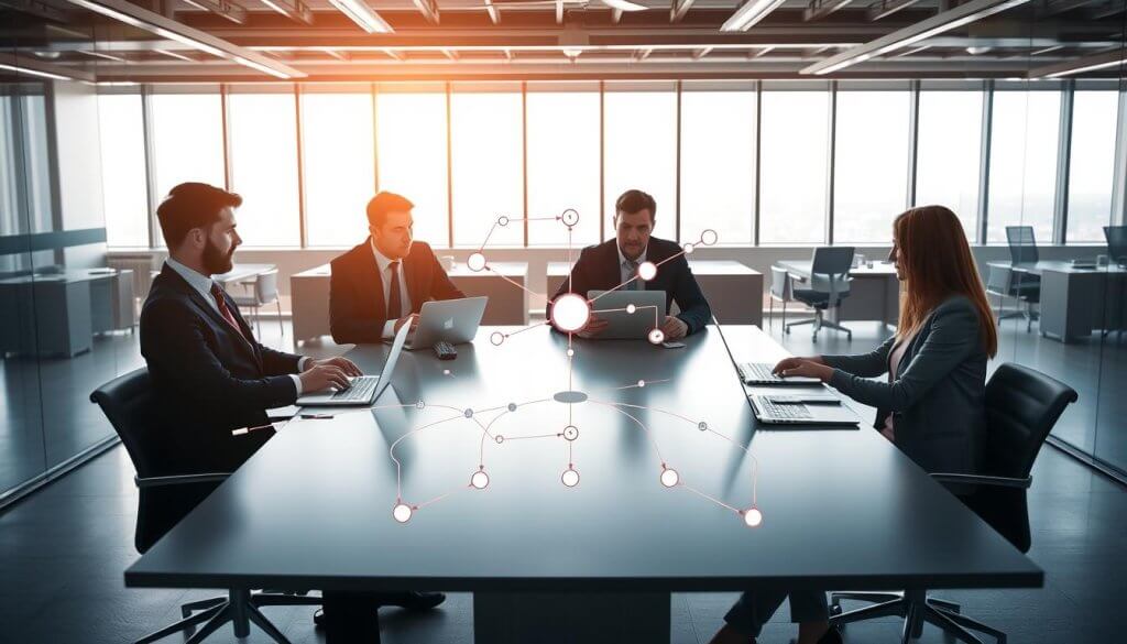 A professional business setting showcasing structured people systems for B2B lead generation. In the foreground, three individuals dressed in business attire are engaged in a brainstorming session around a sleek conference table, featuring laptops and notepads. In the middle ground, a visual representation of interconnected nodes and flowcharts symbolizing structured processes for outbound growth. The background includes a modern office environment with large windows allowing natural light to illuminate the space, creating a positive and productive atmosphere. The composition should be slightly angled from above, giving an overview of both the people and the dynamic systems they are working on, emphasizing collaboration and strategy in lead generation efforts.