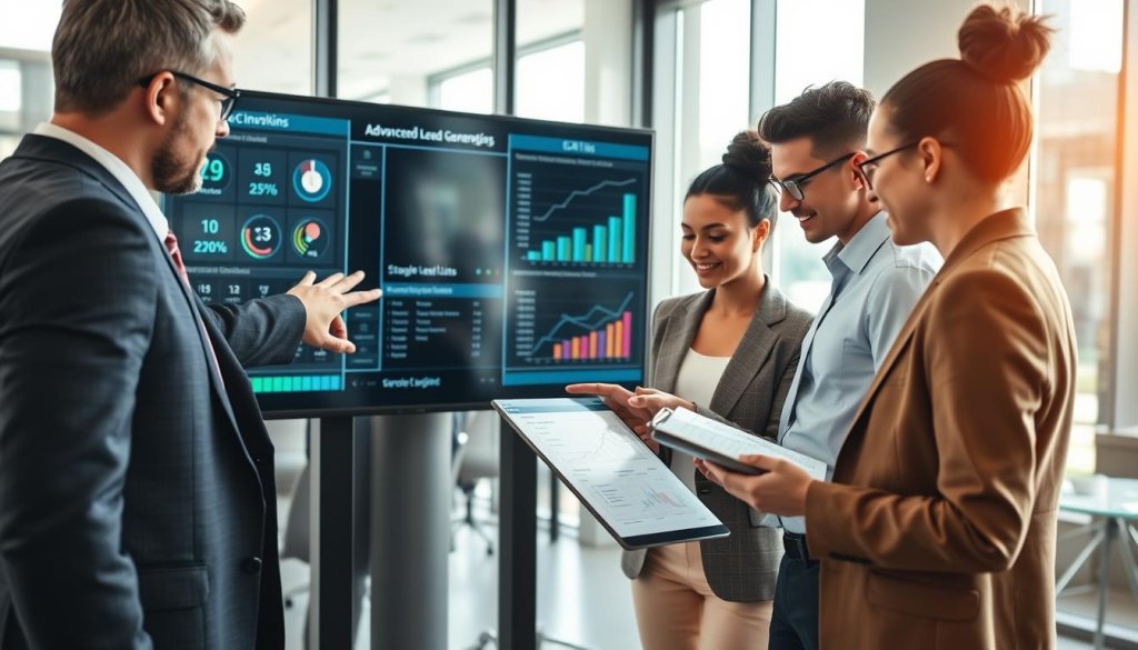 A professional business setting with a diverse group of individuals engaged in a dynamic brainstorming session. In the foreground, a man in a tailored suit points at a digital screen displaying complex data visualizations and CRM systems, representing advanced lead generation strategies. In the middle ground, a woman in a smart blazer takes notes while another colleague examines strategic charts and analytics on a tablet. The background features a modern office with large windows allowing natural light to stream in, casting soft shadows. The atmosphere is collaborative and energetic, with a focus on innovation and growth, highlighting the transition from simple lead lists to data-driven engagement strategies. The angle is slightly elevated, providing a broad view of the interaction without including any distractions.