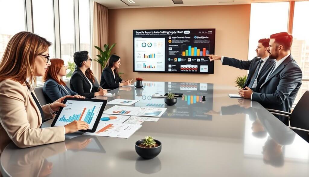 A professional business setting with a diverse group of individuals gathered around a large, sleek conference table. In the foreground, a middle-aged woman in smart business attire studies various colorful graphs and charts on a digital tablet, indicating her role in data analysis. To her right, a young man in a tailored suit points at a projected infographic on a wall screen, showcasing buyer personas and supply chain data. In the middle ground, colleagues take notes, engaged in lively discussion, surrounded by modern office decor with plants. The background features a large window with a bright, sunny cityscape, suggesting a hopeful atmosphere for collaboration and innovation. Soft, natural lighting illuminates the scene from the window, creating a warm, professional ambiance. A professional business setting with a diverse group of individuals gathered around a large, sleek conference table. In the foreground, a middle-aged woman in smart business attire studies various colorful graphs and charts on a digital tablet, indicating her role in data analysis. To her right, a young man in a tailored suit points at a projected infographic on a wall screen, showcasing buyer personas and supply chain data. In the middle ground, colleagues take notes, engaged in lively discussion, surrounded by modern office decor with plants. The background features a large window with a bright, sunny cityscape, suggesting a hopeful atmosphere for collaboration and innovation. Soft, natural lighting illuminates the scene from the window, creating a warm, professional ambiance.