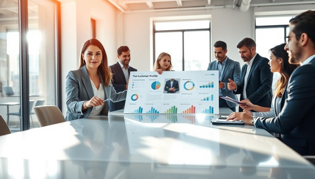 A professional business setting with a diverse group of individuals gathered around a sleek, modern conference table. In the foreground, a focused businesswoman is pointing to a large digital presentation displaying charts and graphs that illustrate various customer profiles. In the middle, two professionals are engaged in discussion, taking notes and analyzing customer data. The background features a bright, airy office space with large windows, allowing natural light to flood the room, creating a warm and inviting atmosphere. Soft shadows enhance the depth of the image, and the lens captures the scene from a dynamic angle, emphasizing collaboration and analytical thinking. Everyone in the image is dressed in professional attire, conveying a strong sense of purpose and professionalism. The overall mood is optimistic and strategic, representing the importance of defining an ideal customer profile.