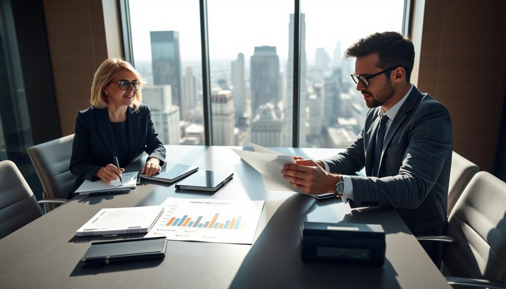 A professional business setting with a sales manager and a marketing manager engaged in a collaborative meeting. In the foreground, the sales manager, a middle-aged woman in a business suit, and the marketing manager, a young man in smart casual attire, are reviewing a clearly defined handoff document on a sleek conference table. The middle of the image features notebooks, digital devices, and a colorful chart illustrating campaign outcomes. In the background, a large window reveals a vibrant cityscape, symbolizing growth and opportunity. The lighting is bright and natural, creating an optimistic atmosphere. The angle is slightly elevated, capturing the dynamic interaction between the two professionals, emphasizing teamwork and alignment in their efforts to achieve business goals.