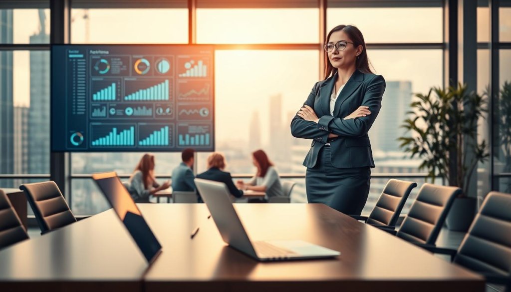 A professional businesswoman in business attire, standing confidently with her arms crossed, analyzes a large digital screen displaying various metrics and graphs, symbolizing the concept of an ideal customer profile. In the foreground, a sleek modern office desk with a laptop and notepad, hinting at a brainstorming session. In the middle ground, a soft-focus view of a diverse team engaged in discussion, emphasizing collaboration. The background features a panoramic window with a city skyline, bathed in warm, natural light to create an optimistic atmosphere. The scene is captured with a wide-angle lens to highlight the workspace, conveying a mood of determination and clarity in identifying the ideal customer profile. A professional businesswoman in business attire, standing confidently with her arms crossed, analyzes a large digital screen displaying various metrics and graphs, symbolizing the concept of an ideal customer profile. In the foreground, a sleek modern office desk with a laptop and notepad, hinting at a brainstorming session. In the middle ground, a soft-focus view of a diverse team engaged in discussion, emphasizing collaboration. The background features a panoramic window with a city skyline, bathed in warm, natural light to create an optimistic atmosphere. The scene is captured with a wide-angle lens to highlight the workspace, conveying a mood of determination and clarity in identifying the ideal customer profile.