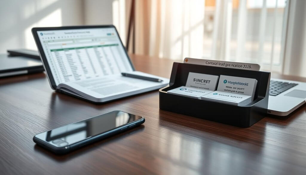 A professional, clean workspace setting featuring a sleek, modern desk made of dark wood. In the foreground, a high-quality smartphone lies next to an open laptop displaying a spreadsheet layout of contact information. An elegant business card holder displays neatly stacked business cards with various corporate logos. In the middle ground, a notepad with handwritten notes about potential leads and valuation hangs open, emphasizing organization. The background contains a soft-focus view of a window with natural light streaming in, casting gentle shadows that create a calm atmosphere. Use a shallow depth of field to focus tightly on the contact information elements, highlighting their details. The overall mood should be one of efficiency and professionalism, suitable for corporate settings in lead generation.