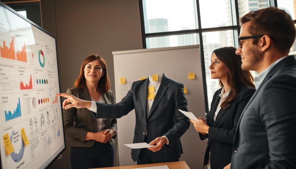 A professional, diverse team of businesspeople engaged in a strategic meeting related to supply chain management. In the foreground, a middle-aged woman in business attire points to a digital screen displaying analytical data and graphs illustrating various customer profiles. The middle ground features a whiteboard filled with post-it notes and sketches of customer personas, highlighting operational pressures. In the background, large windows reveal a bustling cityscape, reflecting the dynamic nature of supply chain logistics. The lighting is warm and inviting, with soft shadows creating an atmosphere of collaboration and urgency. Capture this scene from a slightly elevated angle to emphasize teamwork and innovation in the supply chain SaaS industry. A professional, diverse team of businesspeople engaged in a strategic meeting related to supply chain management. In the foreground, a middle-aged woman in business attire points to a digital screen displaying analytical data and graphs illustrating various customer profiles. The middle ground features a whiteboard filled with post-it notes and sketches of customer personas, highlighting operational pressures. In the background, large windows reveal a bustling cityscape, reflecting the dynamic nature of supply chain logistics. The lighting is warm and inviting, with soft shadows creating an atmosphere of collaboration and urgency. Capture this scene from a slightly elevated angle to emphasize teamwork and innovation in the supply chain SaaS industry.