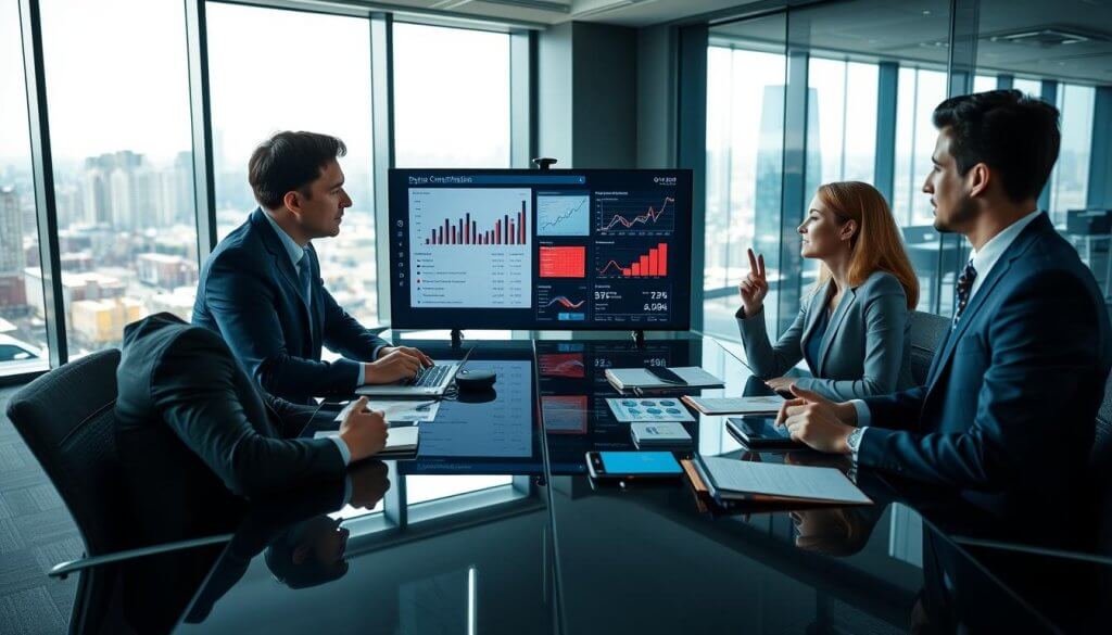 A professional meeting scene focused on a diverse buying committee deliberating over a strategic supply chain solution. In the foreground, three business professionals in formal attire—two men and one woman—are engaged in discussion around a high-tech conference table, with digital devices and charts displayed. The middle ground features a large screen showcasing relevant data and analytics, enhancing the complexity of their decision-making. In the background, a modern office environment with large windows revealing a bustling cityscape, indicating operational pressure. Soft, natural lighting filters in, creating a collaborative atmosphere. The angle is slightly elevated, offering a comprehensive view of the committee's dynamics and interactions, capturing the essence of complex sales strategy mapping.