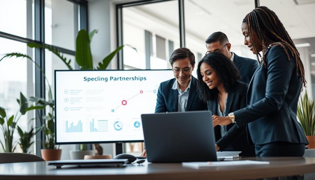 A professional meeting space showcasing a diverse group of business professionals collaborating on a digital platform representing scaling partnerships. In the foreground, two individuals in business attire engage with a laptop, analyzing data visualizations about partnerships. The middle ground features a large screen displaying interconnected network graphics symbolizing various specialized partnerships. In the background, modern office elements like glass walls and plants create an open, innovative atmosphere. Soft, natural lighting filters through large windows, enhancing the professional yet welcoming mood. The angle is slightly elevated, capturing the dynamics of teamwork and collaboration without showing any faces clearly, emphasizing the synergy and professional environment. A professional meeting space showcasing a diverse group of business professionals collaborating on a digital platform representing scaling partnerships. In the foreground, two individuals in business attire engage with a laptop, analyzing data visualizations about partnerships. The middle ground features a large screen displaying interconnected network graphics symbolizing various specialized partnerships. In the background, modern office elements like glass walls and plants create an open, innovative atmosphere. Soft, natural lighting filters through large windows, enhancing the professional yet welcoming mood. The angle is slightly elevated, capturing the dynamics of teamwork and collaboration without showing any faces clearly, emphasizing the synergy and professional environment.