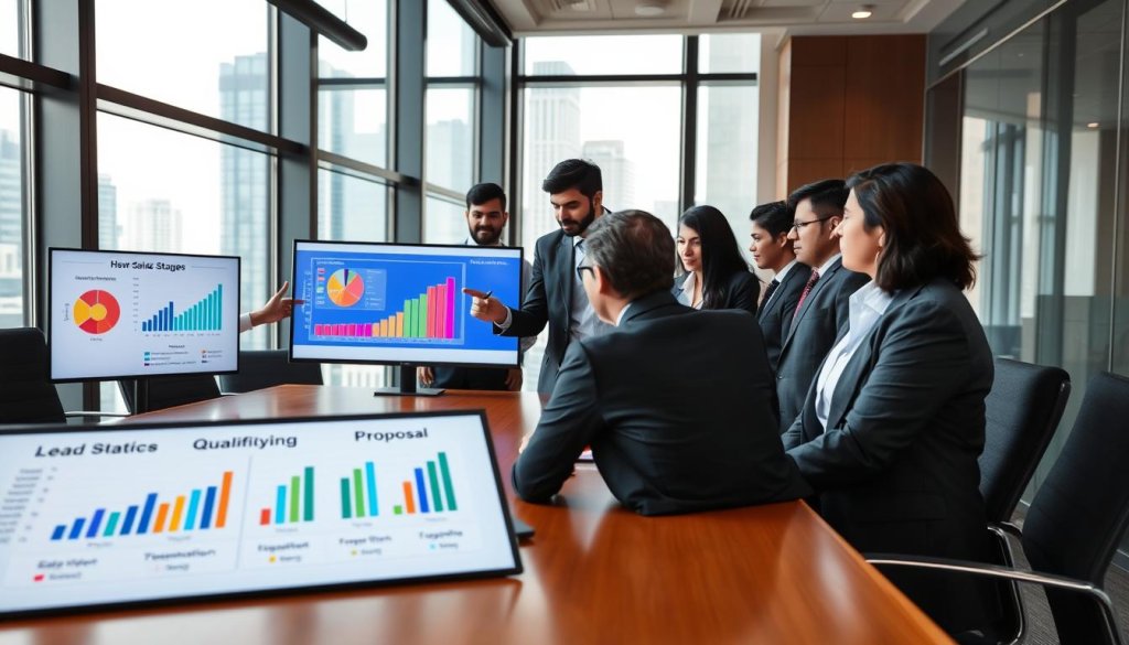 A professional, modern office setting with a focused business team gathered around a large conference table, discussing the structuring of sales pipeline stages. In the foreground, there are digital screens displaying colorful charts and graphs representing various sales stages: lead generation, qualification, meeting, proposal, and closing. The middle ground includes diverse individuals in business attire—men and women of South Asian descent actively engaged in discussion, taking notes, and pointing at the screens. The background features large windows with a cityscape view, allowing natural light to flood the room, creating a bright and optimistic atmosphere. The image should have a clean, professional look, captured from a slight angle to emphasize the collaborative environment, evoking a sense of focus and strategic planning.