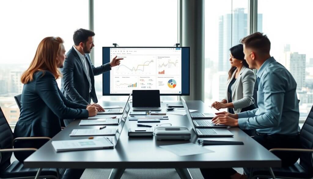 A professional office environment where a diverse group of businesspeople, dressed in smart casual attire, is engaged in a focused discussion about evaluating enterprise-grade lead distribution platforms. In the foreground, a sleek conference table is strewn with laptops, documents, and charts displaying data analytics. The middle ground features individuals of various ethnicities—two men and one woman—pointing at a digital marketing dashboard projected on a screen, showing graphs and metrics relevant to lead distribution. The background consists of large windows letting in natural light, creating a bright, energetic atmosphere with a cityscape visible beyond. The image should convey a sense of collaboration and strategic thinking, with a balanced composition and a professional mood, illuminated by soft, diffused lighting.