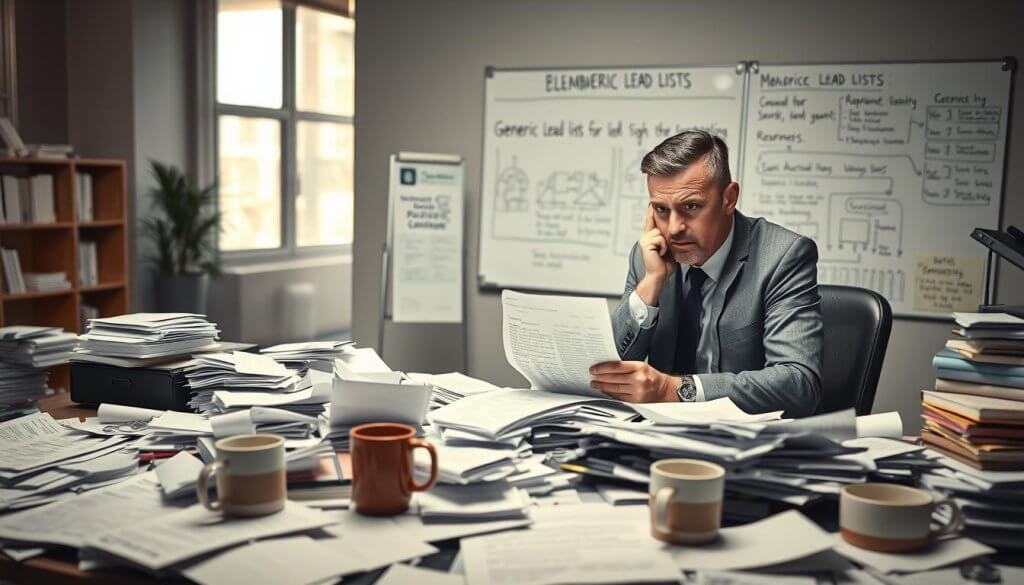 A professional office environment with a focus on a cluttered desk overflowing with generic lead lists scattered across the tabletop, revealing a sense of chaos and disorganization. In the foreground, a frustrated businessperson in smart professional attire reviews a long list with a concerned expression, surrounded by discarded papers and empty coffee cups. In the middle ground, a whiteboard filled with complex diagrams and notes related to procurement automation contrasts against the chaotic desk. The background features a modern office space with large windows letting in soft, diffused natural light, illuminating the scene. The atmosphere feels tense and overwhelmed, highlighting the ineffective nature of generic lead lists for high-value sales. The overall mood conveys the frustration of missed opportunities in lead generation.