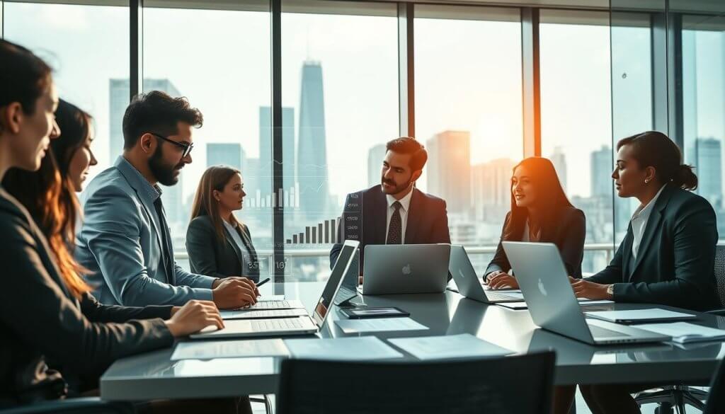 A professional office environment with a focus on efficiency and precision. In the foreground, a diverse group of business professionals in smart business attire thoughtfully analyzing a digital dashboard displaying key performance indicators and metrics. In the middle, a large conference table with laptops and documents spread out, symbolizing active discussion. The background features a glass wall with an urban skyline, suggesting a modern corporate setting. Bright, natural light pours in through the windows, casting a warm glow over the scene. The atmosphere feels focused and collaborative, highlighting the importance of strategic decision-making in avoiding unnecessary expansion of workforce and marketing budgets. Use a wide-angle lens to capture the dynamic workspace.