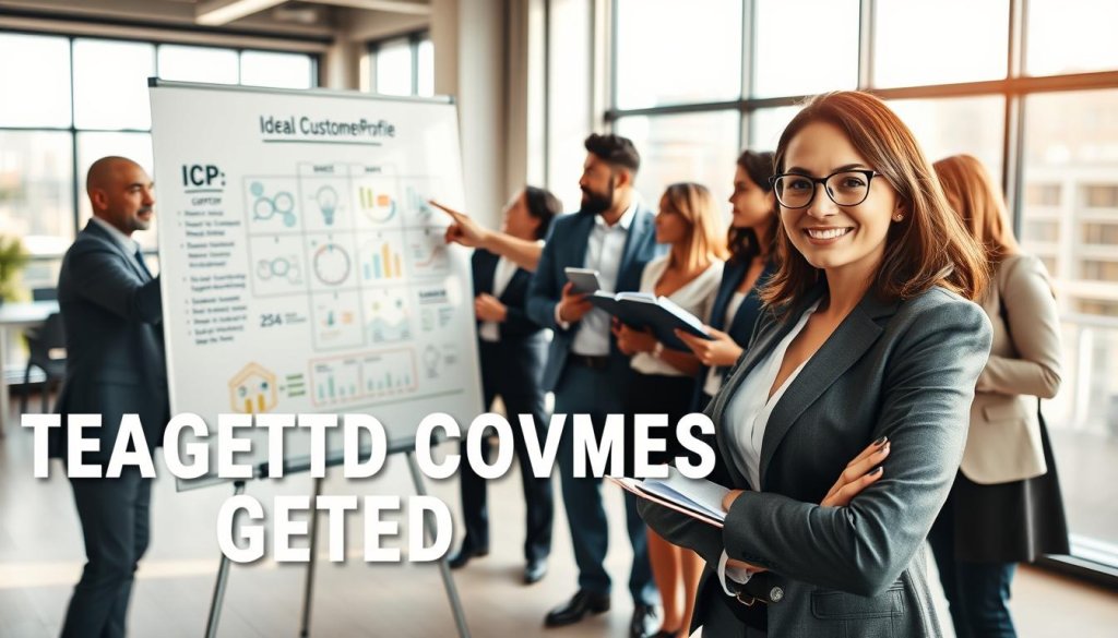 A professional setting showcasing a diverse group of business people engaged in a brainstorming session. In the foreground, a confident woman in professional attire points at a whiteboard filled with diagrams and charts representing an Ideal Customer Profile (ICP). The middle ground features a diverse team discussing strategies, each holding notepads and digital devices, their faces reflecting collaboration and innovative thinking. The background displays a modern office with large windows, allowing natural light to flood the space, enhancing the atmosphere of productivity and creativity. Soft shadows create depth, and a warm color palette conveys a positive, energetic vibe, emphasizing the importance of targeted conversations in lead generation. A professional setting showcasing a diverse group of business people engaged in a brainstorming session. In the foreground, a confident woman in professional attire points at a whiteboard filled with diagrams and charts representing an Ideal Customer Profile (ICP). The middle ground features a diverse team discussing strategies, each holding notepads and digital devices, their faces reflecting collaboration and innovative thinking. The background displays a modern office with large windows, allowing natural light to flood the space, enhancing the atmosphere of productivity and creativity. Soft shadows create depth, and a warm color palette conveys a positive, energetic vibe, emphasizing the importance of targeted conversations in lead generation.