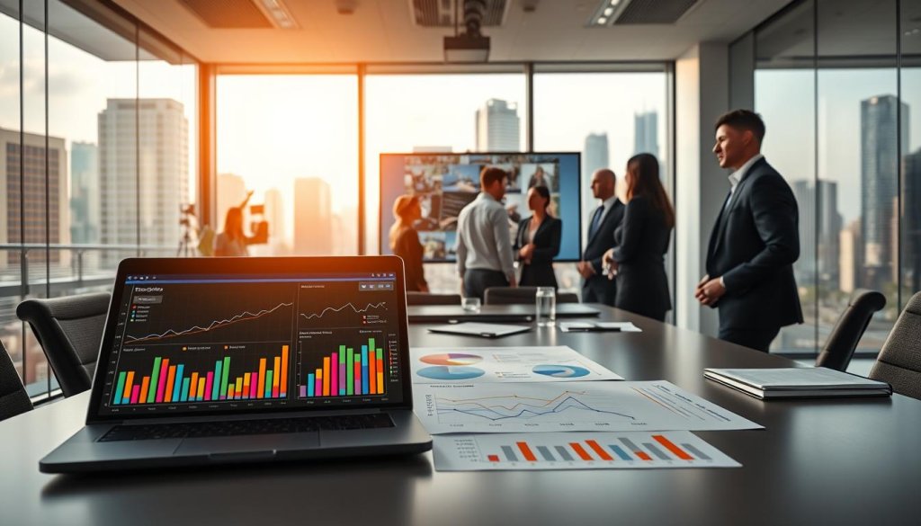 A professional workspace illustrating the concept of an ideal customer profile and market signal. In the foreground, a modern desk with vibrant charts and graphs showing demographic data and market trends. A laptop displays an analytical dashboard, reflecting key performance indicators. In the middle ground, a diverse group of business professionals in business attire, engaged in a discussion around the desk, analyzing data on a large screen behind them. The background features a sleek office with glass walls showcasing a bustling urban skyline, daylight streaming through, creating a bright and optimistic atmosphere. The lighting is soft and inviting, emphasizing collaboration and focus, while maintaining a clean and organized look. The angle captures a dynamic view of teamwork and data-driven strategy development.