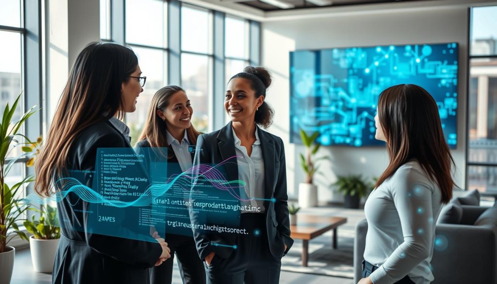 A serene and vibrant office environment showcasing the concept of "natural language" in the context of data-driven sales. In the foreground, a diverse group of three professionals, dressed in smart business attire, are engaged in an animated discussion around a holographic display of flowing data streams and SQL code visualizations. In the middle ground, large windows allow natural light to flood the room, illuminating modern furniture and green plants, suggesting an innovative workspace. In the background, a sleek digital screen displays abstract representations of data connectivity and communication patterns, symbolizing the integration of language and data in sales strategies. The atmosphere is collaborative and forward-thinking, with a focus on clarity, creativity, and professionalism.