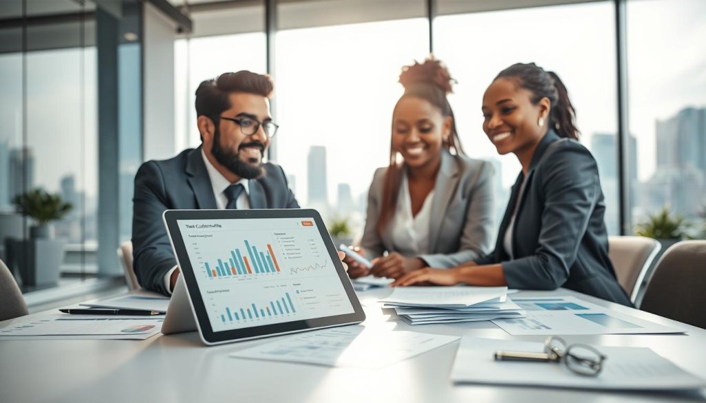A sleek and modern office environment with a diverse group of three professionals collaborating around a large table covered in documents and digital devices. The foreground features a close-up of a digital tablet displaying graphs and analytics, symbolizing the ideal customer profile. In the middle, two businesspeople—one South Asian male in a smart suit and one African female in professional attire—are discussing strategies enthusiastically. The background showcases a panoramic window revealing a city skyline, emphasizing global markets. Soft, natural light filters in, creating a bright and inviting atmosphere, with focus on their confident expressions. Use a shallow depth of field to highlight the individuals and tablet while gently blurring the background. A sleek and modern office environment with a diverse group of three professionals collaborating around a large table covered in documents and digital devices. The foreground features a close-up of a digital tablet displaying graphs and analytics, symbolizing the ideal customer profile. In the middle, two businesspeople—one South Asian male in a smart suit and one African female in professional attire—are discussing strategies enthusiastically. The background showcases a panoramic window revealing a city skyline, emphasizing global markets. Soft, natural light filters in, creating a bright and inviting atmosphere, with focus on their confident expressions. Use a shallow depth of field to highlight the individuals and tablet while gently blurring the background.