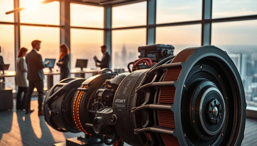 A sleek, futuristic outbound engine sits prominently in the foreground, showcasing intricate mechanical components and glowing lines of circuitry. The middle ground features a modern office environment, bustling with professionals dressed in business attire, engaged in strategy discussions and analyzing data on digital screens. In the background, a large window reveals a panoramic cityscape, bathed in warm, golden sunlight that floods the space, creating a vibrant atmosphere. The scene is captured from a low angle, emphasizing the engine’s design and the dynamics of teamwork. The mood is focused and innovative, highlighting collaboration and high-tech solutions in the B2B landscape.