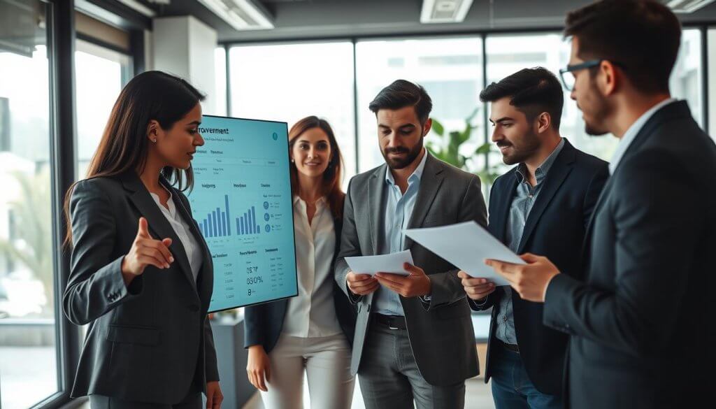 A sleek, modern office environment featuring a diverse group of professionals engaged in a collaborative discussion. In the foreground, a female team member in a smart business suit points at a digital screen displaying procurement metrics and project timelines. In the middle ground, a male colleague in a tailored blazer, reviewing documents with a thoughtful expression. In the background, large windows letting in soft natural light, highlighting modern office decor and greenery. The mood is focused and productive, emphasizing teamwork and detailed communication. Use soft lighting to create a warm atmosphere, shot at an eye level angle to enhance the sense of involvement and connection among the team.