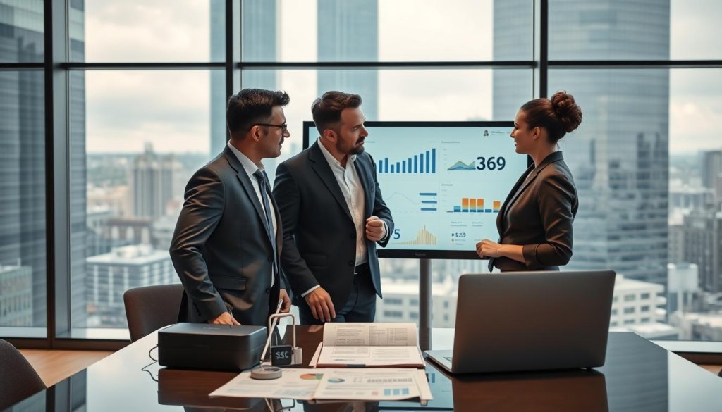 A sleek, modern office setting serves as the backdrop, featuring a large glass window with a view of a bustling cityscape. In the foreground, a diverse group of three professionals—two men in business suits and one woman in a smart blouse—analyze a digital dashboard displaying graphs and data metrics on a large monitor. They exude focus and determination as they discuss the importance of data integrity for successful campaigns. Soft, diffused lighting enhances the professional atmosphere, casting gentle reflections on the polished surfaces. In the middle ground, a table is adorned with data reports, secure devices, and a closed laptop, symbolizing vigilance in data management. The overall mood conveys confidence and professionalism, emphasizing the crucial role of accurate and reliable data in achieving marketing success. A sleek, modern office setting serves as the backdrop, featuring a large glass window with a view of a bustling cityscape. In the foreground, a diverse group of three professionals—two men in business suits and one woman in a smart blouse—analyze a digital dashboard displaying graphs and data metrics on a large monitor. They exude focus and determination as they discuss the importance of data integrity for successful campaigns. Soft, diffused lighting enhances the professional atmosphere, casting gentle reflections on the polished surfaces. In the middle ground, a table is adorned with data reports, secure devices, and a closed laptop, symbolizing vigilance in data management. The overall mood conveys confidence and professionalism, emphasizing the crucial role of accurate and reliable data in achieving marketing success.