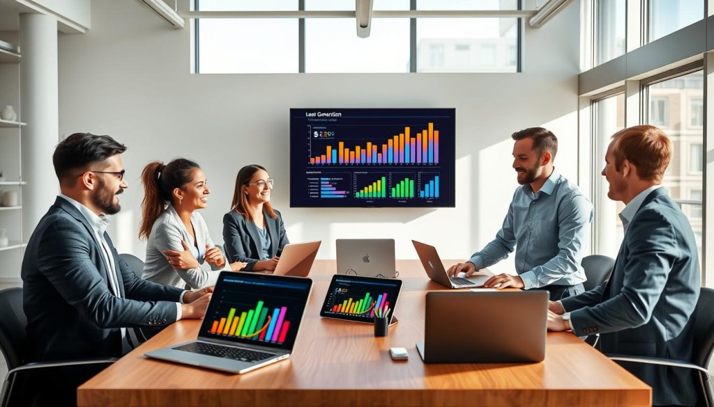 A sleek, modern workspace featuring a bright, airy office environment. In the foreground, a diverse group of four professionals—two men and two women—are engaged in a lively discussion around a large table filled with laptops and digital devices displaying colorful lead generation analytics charts and graphs. The individuals are dressed in professional business attire, enhancing the collaborative atmosphere. The middle section showcases a large digital screen on the wall, vividly displaying dynamic data visualizations, such as bar graphs and pie charts representing performance metrics. In the background, large windows allow natural light to flood the room, casting soft shadows and creating an inviting ambience. Aim for a clear focus on the teamwork and data-driven decision-making aspects, with a clean, modern aesthetic and a sense of professional enthusiasm.