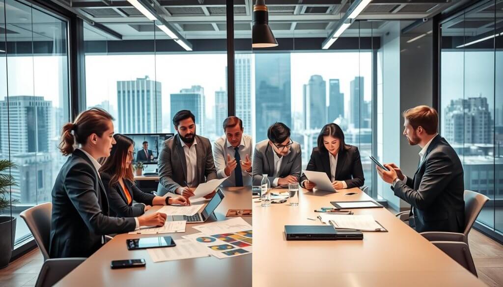 A split scene depicting inbound and outbound prospecting in a corporate setting. In the foreground, a diverse group of professionals in business attire is engaged in a lively brainstorming session around a modern conference table, showcasing documents and charts. They exude focus and collaboration. In the middle ground, an individual is on a video call at a workstation, discussing strategies with a client, while another person is analyzing data on a digital tablet. The background features a glass wall with a view of a bustling cityscape, symbolizing opportunities. The lighting is bright and vibrant, enhancing productivity and creativity. The atmosphere is dynamic yet professional, embodying the essence of lead generation in the wholesale software industry.