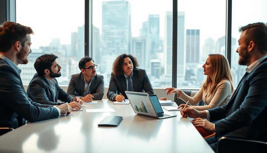 A thoughtful business meeting scene in a modern office space. In the foreground, a diverse group of smartly dressed founders—two men and two women—are engaged in a dynamic discussion around a sleek conference table. Some are taking notes, while one points to a laptop displaying innovative analytics. In the middle background, large windows showcase a bustling cityscape, hinting at growth and opportunity. Soft, ambient light filters through the glass, creating a warm and inspiring atmosphere. The overall mood is one of collaboration and forward-thinking, emphasizing the importance of personalized solutions over generic retainers in business strategy. Capture this engaging moment from a slightly elevated angle to provide a comprehensive view of the interaction and environment. A thoughtful business meeting scene in a modern office space. In the foreground, a diverse group of smartly dressed founders—two men and two women—are engaged in a dynamic discussion around a sleek conference table. Some are taking notes, while one points to a laptop displaying innovative analytics. In the middle background, large windows showcase a bustling cityscape, hinting at growth and opportunity. Soft, ambient light filters through the glass, creating a warm and inspiring atmosphere. The overall mood is one of collaboration and forward-thinking, emphasizing the importance of personalized solutions over generic retainers in business strategy. Capture this engaging moment from a slightly elevated angle to provide a comprehensive view of the interaction and environment.