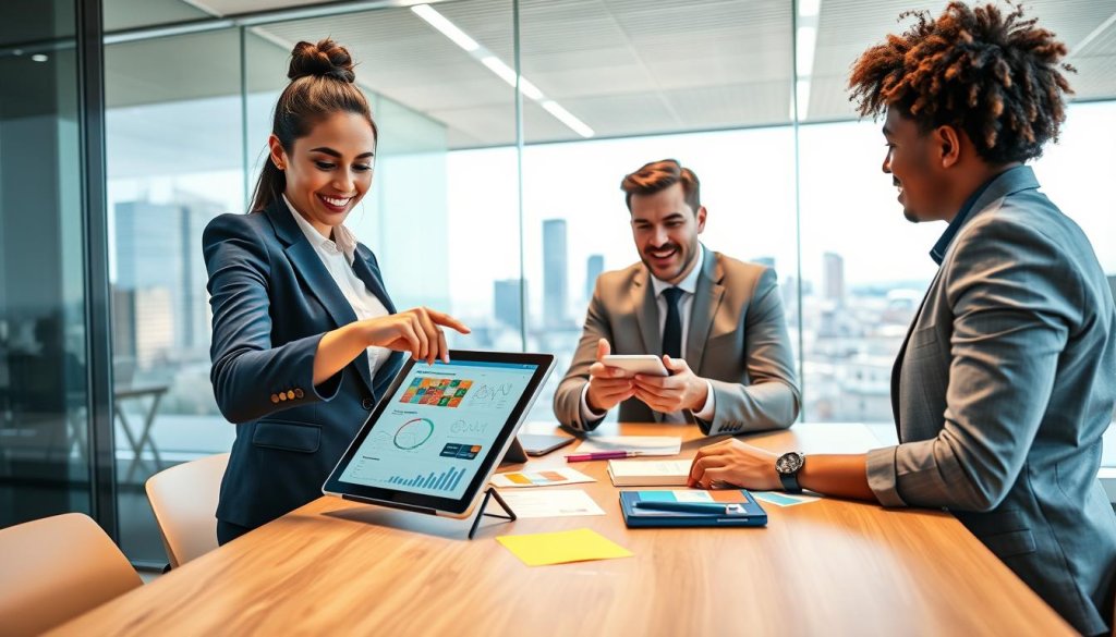 A vibrant and dynamic business office setting, showcasing a diverse group of professionals engaged in a collaborative brainstorming session around a modern meeting table. In the foreground, a confident woman in professional attire is pointing at a digital tablet displaying graphical data and insights. In the middle ground, two men, one in a suit and one in smart casual wear, are discussing with enthusiasm, surrounded by notes and colorful charts. The background reveals a sleek glass wall with a view of a city skyline under bright natural lighting. The atmosphere is energetic and focused, reflecting the concept of performance-based lead generation in a contemporary corporate environment. The overall composition captures a sense of teamwork and innovation, with an emphasis on clear communication and strategic thinking.