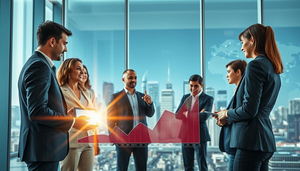 A vibrant and engaging visual representation of a scalable growth strategy. In the foreground, a diverse group of business professionals in smart business attire, engaged in a dynamic discussion while analyzing a large, detailed growth chart displayed on a digital tablet. In the middle ground, a modern office environment featuring floor-to-ceiling windows, overlooking a bustling city skyline symbolizing global trade. In the background, images of interconnected businesses and markets, represented by network lines or digital maps, symbolizing international expansion. The lighting is bright and optimistic, with a lens flare effect to create a sense of innovation and progress. The atmosphere is focused and collaborative, reflecting ambition and forward-thinking strategies.