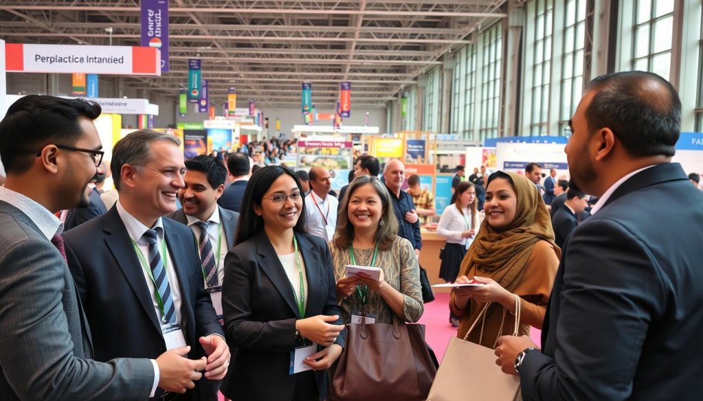 A vibrant international trade fair scene, bustling with diverse buyers engaged in dynamic conversations. In the foreground, a group of professional buyers in tailored suits and modest business attire are exchanging business cards, their expressions displaying enthusiasm and curiosity. In the middle ground, a variety of colorful booths showcase products from around the world, with banners highlighting their countries of origin. The background reveals a large, well-lit exhibition hall, filled with visitors and stands, creating a lively ambiance. Soft, natural lighting filters through the large windows, enhancing the warm, inviting atmosphere. Capture this moment from a slightly elevated angle to emphasize the energy and interaction at the event. A vibrant international trade fair scene, bustling with diverse buyers engaged in dynamic conversations. In the foreground, a group of professional buyers in tailored suits and modest business attire are exchanging business cards, their expressions displaying enthusiasm and curiosity. In the middle ground, a variety of colorful booths showcase products from around the world, with banners highlighting their countries of origin. The background reveals a large, well-lit exhibition hall, filled with visitors and stands, creating a lively ambiance. Soft, natural lighting filters through the large windows, enhancing the warm, inviting atmosphere. Capture this moment from a slightly elevated angle to emphasize the energy and interaction at the event.