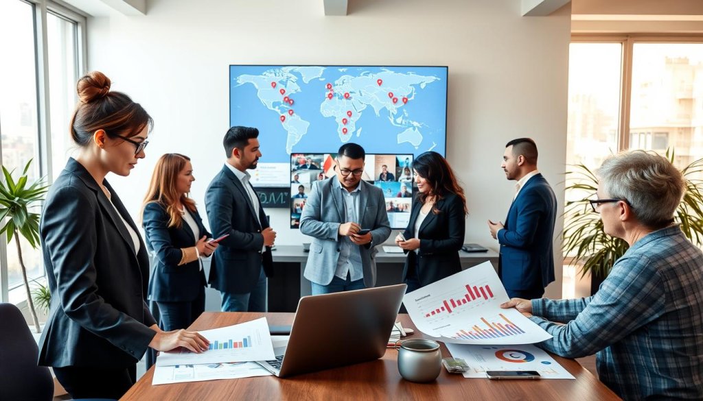 A vibrant office environment showcasing diverse professionals engaged in multi-channel outreach strategies. In the foreground, a businesswoman in smart attire is discussing outreach plans with a colleague over a laptop, surrounded by colorful charts and graphs reflecting global distribution channels. In the middle ground, another team is connecting via video conferencing on a large monitor, highlighting virtual communication. The background features a world map on the wall adorned with pins marking various international locations. Soft, natural lighting filters through large windows, adding warmth to the collaborative atmosphere. The scene conveys focus, innovation, and teamwork, emphasizing the dynamic nature of B2B outreach. The composition is shot from a slight angle to capture the bustling activities effectively.