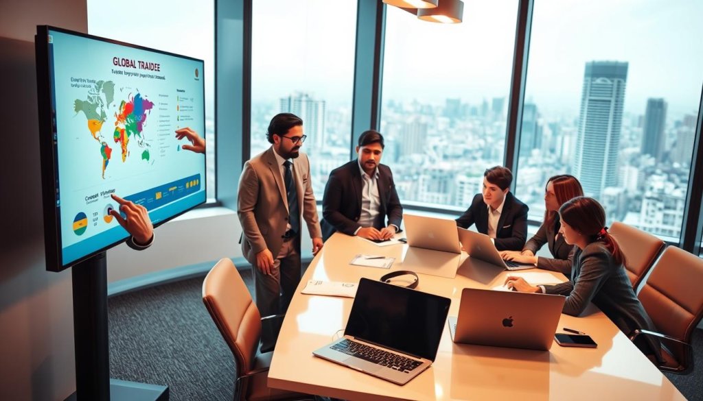 A vibrant office scene showcasing a group of diverse professionals engaged in a productive meeting focused on export promotion. In the foreground, a South Asian woman in a tailored suit points to a colorful infographic about global trade on a digital screen. In the middle, a diverse team of men and women in professional business attire discuss strategy, with laptops and documents spread across a modern conference table. In the background, large windows reveal a bustling cityscape. Soft, warm lighting creates an inviting atmosphere, while a wide-angle view emphasizes collaboration and interaction. The image embodies professionalism and the proactive role of export promotion councils in international business.