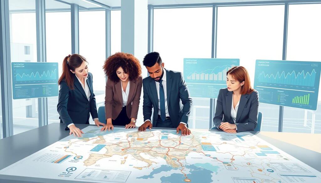 A visually engaging illustration focusing on the theme of identifying pain points in operations-heavy markets. In the foreground, a diverse team of three professionals in smart business attire collaboratively analyze a large, detailed operations map spread across a conference table. Each person appears engaged and thoughtful, highlighting collaboration. In the middle ground, digital screens display analytical graphs, highlighting operational metrics and inefficiencies. The background features a modern office space with large windows allowing natural light to stream in, creating a bright and open atmosphere. Soft shadows enhance the sense of depth. The overall mood is focused and analytical, conveying a sense of urgency and determination to tackle logistical challenges effectively.