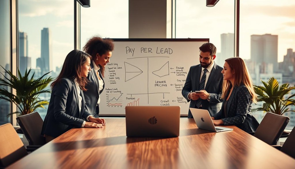 A visually engaging office setting depicting a professional team discussing a lead generation strategy. In the foreground, a diverse group of professionals in business attire—two women and one man—are gathered around a modern conference table, analyzing charts and graphs displayed on a sleek laptop. The middle layer features a large whiteboard filled with diagrams showing a "pay per lead" model, along with arrows indicating performance-linked pricing. The background reveals large windows allowing natural light to flood the space, highlighting a cityscape outside that suggests growth and opportunity. The atmosphere is focused and collaborative, with warm lighting that creates an inviting mood, emphasizing productivity and teamwork in a contemporary business environment. A visually engaging office setting depicting a professional team discussing a lead generation strategy. In the foreground, a diverse group of professionals in business attire—two women and one man—are gathered around a modern conference table, analyzing charts and graphs displayed on a sleek laptop. The middle layer features a large whiteboard filled with diagrams showing a "pay per lead" model, along with arrows indicating performance-linked pricing. The background reveals large windows allowing natural light to flood the space, highlighting a cityscape outside that suggests growth and opportunity. The atmosphere is focused and collaborative, with warm lighting that creates an inviting mood, emphasizing productivity and teamwork in a contemporary business environment.