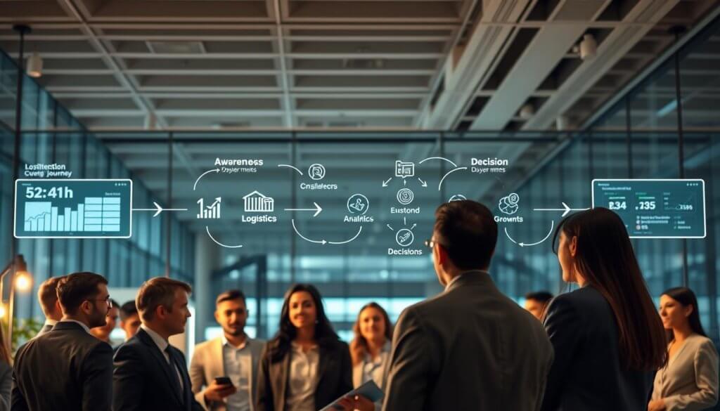 A visually engaging representation of a logistics buyer persona customer journey. In the foreground, a diverse group of professional individuals in business attire, engaged in discussions, showcasing collaboration and decision-making. In the middle, a series of interconnected stages illustrated via flowing arrows and icons, representing awareness, consideration, and decision phases of the buyer journey. The background features a sleek, modern office environment with transparent screens displaying logistics analytics and growth metrics. Soft, natural lighting illuminates the scene, creating an optimistic and efficient atmosphere. The angle is slightly above eye level, offering a comprehensive view of the interactions and processes taking place, all while maintaining a clean, polished look without any text or overlays.
