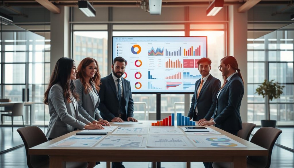 A visually engaging representation of ideal customer profile buyer personas in a professional setting. In the foreground, a diverse group of business professionals of varying ethnicities, all dressed in smart business attire, gather around a large table covered with charts and data analytics. In the middle ground, a digital screen displays colorful graphs and buyer persona profiles, illustrating demographics and key traits. The background shows a modern office space with large windows letting in soft, natural light, creating an inviting and motivational atmosphere. The scene is lit with warm, ambient lighting to enhance the sense of collaboration and focus, captured from a slight angle to emphasize depth and interaction among the professionals.