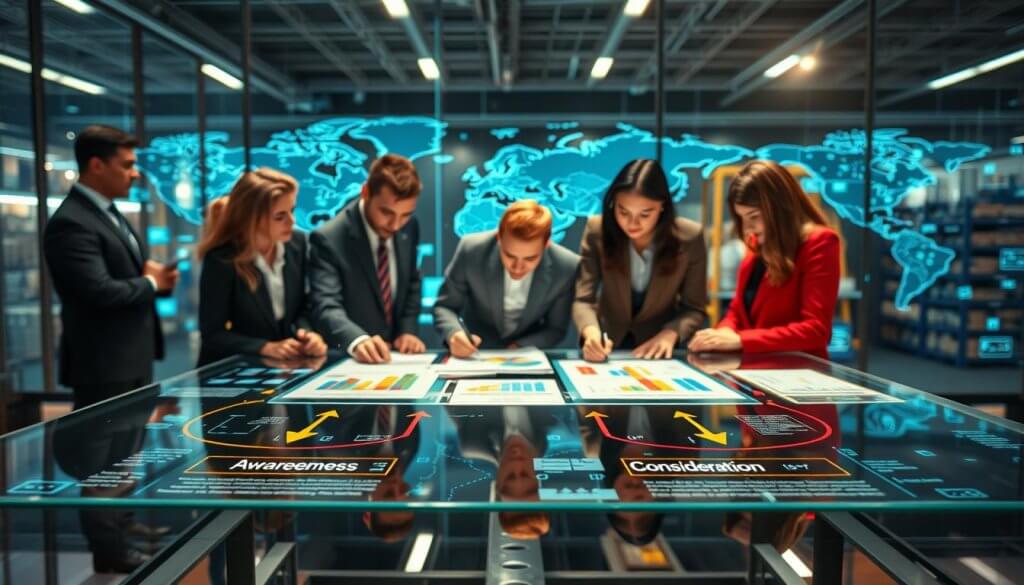 A visually engaging representation of the "B2B buyer journey" within a dynamic supply chain context. In the foreground, depict diverse professionals in business attire, collaboratively analyzing charts and data on a sleek glass table. In the middle ground, show a series of interconnected pathways illustrating each phase of the buyer journey: Awareness, Consideration, and Decision. Use vibrant colors to represent different stages, with subtle arrows guiding the viewer's eye along the journey. In the background, place a digital map of global supply lines and warehouses, symbolizing logistics and distribution networks. The lighting should be bright and professional, casting soft shadows, with a slight depth of field to emphasize the foreground. The atmosphere conveys a sense of teamwork and strategic planning. A visually engaging representation of the "B2B buyer journey" within a dynamic supply chain context. In the foreground, depict diverse professionals in business attire, collaboratively analyzing charts and data on a sleek glass table. In the middle ground, show a series of interconnected pathways illustrating each phase of the buyer journey: Awareness, Consideration, and Decision. Use vibrant colors to represent different stages, with subtle arrows guiding the viewer's eye along the journey. In the background, place a digital map of global supply lines and warehouses, symbolizing logistics and distribution networks. The lighting should be bright and professional, casting soft shadows, with a slight depth of field to emphasize the foreground. The atmosphere conveys a sense of teamwork and strategic planning.
