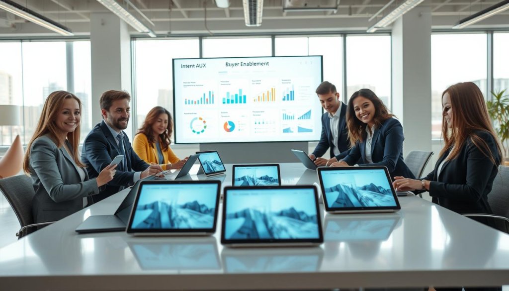 A visually engaging scene illustrating "intent-aware UX" in a digital workspace environment. In the foreground, a diverse group of professionals, dressed in smart business attire, collaborates around a sleek, modern table filled with tablets and laptops displaying user interface designs. In the middle, a large screen shows dynamic, user-focused data analytics and flowcharts, symbolizing buyer enablement. The background features a bright, airy office space with large windows allowing natural light to pour in, casting soft shadows. The mood is optimistic and collaborative, emphasizing innovation and strategy. The lens is slightly angled to create depth, focusing on the professionals' engaged expressions while maintaining a sharp view of the displayed content. A visually engaging scene illustrating "intent-aware UX" in a digital workspace environment. In the foreground, a diverse group of professionals, dressed in smart business attire, collaborates around a sleek, modern table filled with tablets and laptops displaying user interface designs. In the middle, a large screen shows dynamic, user-focused data analytics and flowcharts, symbolizing buyer enablement. The background features a bright, airy office space with large windows allowing natural light to pour in, casting soft shadows. The mood is optimistic and collaborative, emphasizing innovation and strategy. The lens is slightly angled to create depth, focusing on the professionals' engaged expressions while maintaining a sharp view of the displayed content.