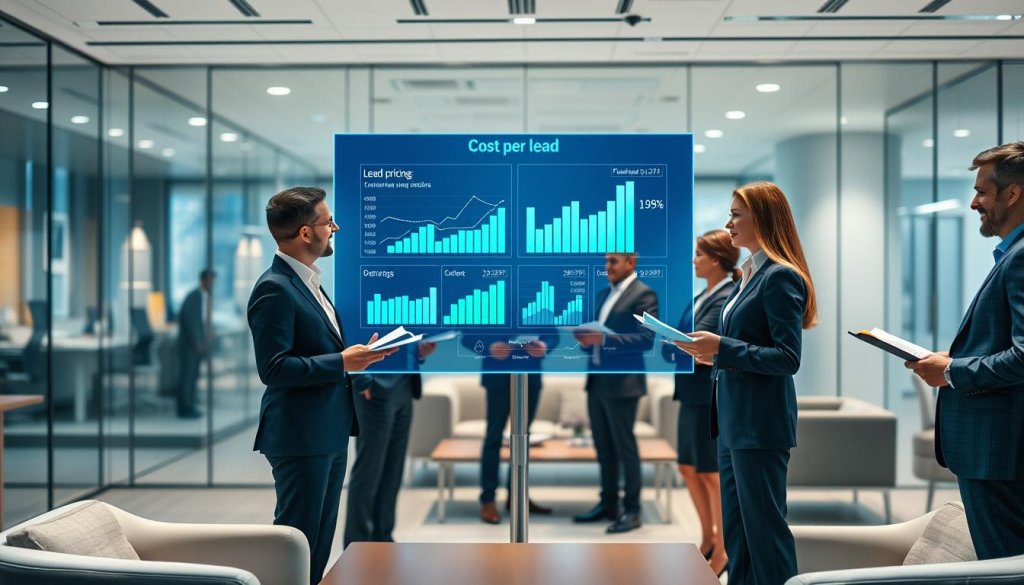 A visually striking representation of "cost per lead" in a professional business environment. In the foreground, a diverse group of business professionals engaged in a discussion, dressed in smart business attire, with notepads and digital devices in hand. In the middle ground, a large, transparent screen displays data analytics graphs and charts illustrating lead pricing structures, glowing with a blue and green color palette. The background features a modern office space with sleek furniture, glass walls, and ambient lighting that creates a productive atmosphere. Soft, diffused lighting emphasizes teamwork and collaboration, while a shallow depth of field draws focus to the professionals and the screen, highlighting the importance of understanding lead pricing in B2B outreach.