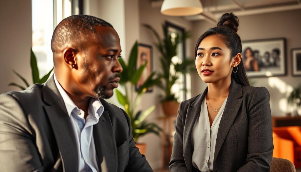 A warm and inviting office setting, featuring two diverse professionals engaged in a conversation that exemplifies active listening. In the foreground, a middle-aged Black man in a tailored suit leans slightly forward, focusing intently on the speaker, displaying a thoughtful expression. The middle ground includes a young Asian woman in smart casual attire, making eye contact and nodding slightly, indicating engagement and understanding. The background features a softly-lit modern office with plants and artwork, enhancing a sense of openness and professionalism. The scene is illuminated by natural light streaming through large windows, creating a calm and trusting atmosphere. The camera angle is slightly low, emphasizing the connection between the two individuals, while providing a sense of intimacy and trust in the conversation.