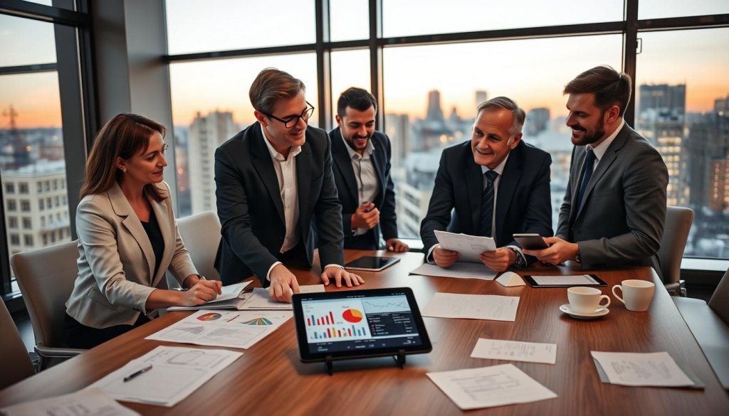 In a modern office setting, a diverse group of three professionals, two men and one woman, are engaged in an animated discussion around a large conference table. The woman, dressed in a smart blazer, points at a digital tablet displaying graphs and charts that illustrate business performance metrics. The men, in professional attire, lean forward, nodding in agreement while holding notepads. The foreground features the tablet with clear visual representations of aligning payment structures and business results. The middle ground showcases the conference table cluttered with documents and coffee cups, while the background reveals large windows with a cityscape at dusk, soft warm light filtering in. The atmosphere is focused and collaborative, emphasizing teamwork and strategic alignment in business outcomes. In a modern office setting, a diverse group of three professionals, two men and one woman, are engaged in an animated discussion around a large conference table. The woman, dressed in a smart blazer, points at a digital tablet displaying graphs and charts that illustrate business performance metrics. The men, in professional attire, lean forward, nodding in agreement while holding notepads. The foreground features the tablet with clear visual representations of aligning payment structures and business results. The middle ground showcases the conference table cluttered with documents and coffee cups, while the background reveals large windows with a cityscape at dusk, soft warm light filtering in. The atmosphere is focused and collaborative, emphasizing teamwork and strategic alignment in business outcomes.