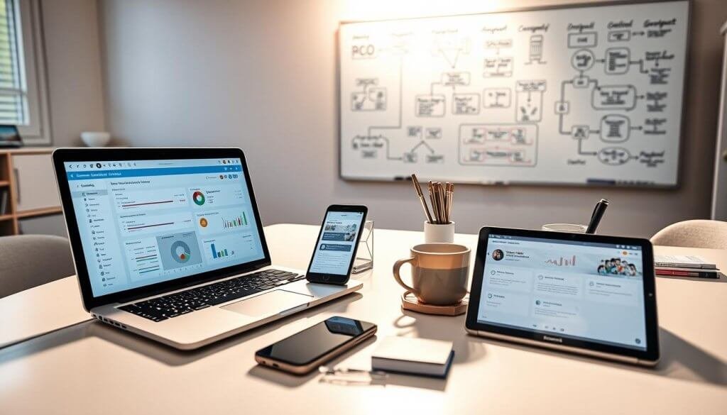 A bright and modern workspace, filled with essential tools for capturing qualified leads. In the foreground, a laptop open to a CRM software interface, alongside a smartphone displaying lead tracking apps. A tablet rests nearby, showing an intuitive lead generation dashboard. The middle layer features a sleek, organized desk with a stylish pen holder, business cards, and a cup of coffee, all bathed in soft, natural light coming from a large window. In the background, a whiteboard filled with diagrams and strategies for outreach and marketing sits against a light-colored wall. The overall atmosphere is one of productivity and professionalism, conveying the importance of technology in modern lead generation for contractors and service operators. Lighting should be warm and inviting, enhancing the focus on the tools. A bright and modern workspace, filled with essential tools for capturing qualified leads. In the foreground, a laptop open to a CRM software interface, alongside a smartphone displaying lead tracking apps. A tablet rests nearby, showing an intuitive lead generation dashboard. The middle layer features a sleek, organized desk with a stylish pen holder, business cards, and a cup of coffee, all bathed in soft, natural light coming from a large window. In the background, a whiteboard filled with diagrams and strategies for outreach and marketing sits against a light-colored wall. The overall atmosphere is one of productivity and professionalism, conveying the importance of technology in modern lead generation for contractors and service operators. Lighting should be warm and inviting, enhancing the focus on the tools.