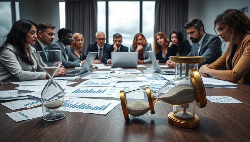 A business meeting room with a large table, featuring a group of diverse professionals in business attire, looking frustrated and engaged in a discussion over scattered papers and laptops. In the foreground, an overturned hourglass symbolizes lost time, while in the middle ground, charts and graphs depicting declining lead generation performances are spread out. The background showcases a large window with a grey, cloudy sky, casting a dim light that adds to the somber atmosphere. The lens perspective is slightly low, emphasizing the tension in the room, with sharp focus on the expressions of concern among team members. The overall mood reflects a sense of urgency and challenge regarding traditional lead generation strategies.