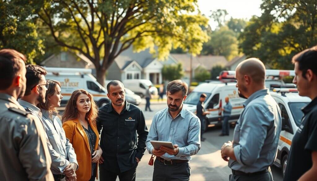 A bustling home service business scene depicted in a warm, inviting atmosphere. In the foreground, a diverse group of professionals in smart casual attire, including technicians and service coordinators, engage in discussions around a digital tablet, showcasing teamwork and collaboration. In the middle ground, various home service vehicles are parked, indicating plumbing, HVAC, and landscaping services, while technicians are preparing equipment. The background features a suburban neighborhood with well-maintained homes, establishing a connection to the target audience. Soft natural lighting filters through trees, creating an uplifting mood, while a slightly angled perspective captures the vibrancy of the scene, emphasizing professionalism and dedication.
