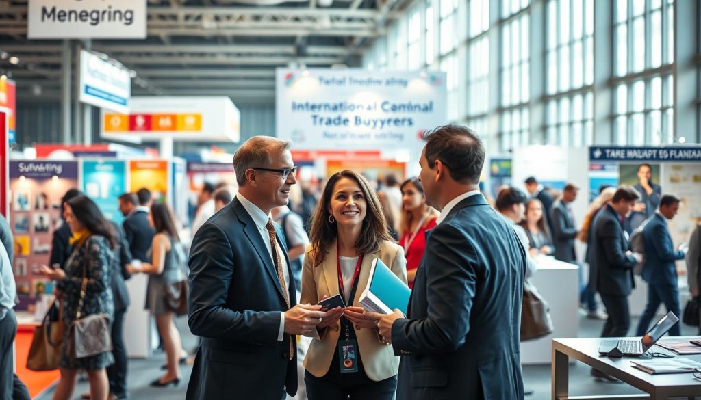 A bustling trade fair scene filled with diverse international trade buyers engaged in discussions and networking. In the foreground, a group of three professionals in smart business attire, two men and one woman, animatedly exchanging business cards and ideas. The middle ground showcases stalls with colorful banners featuring various products, attracting buyers’ attention. In the background, a large banner promotes the event, with blurred outlines of more attendees mingling. The lighting is bright and inviting, creating a lively atmosphere, with sunlight streaming in from large windows. The angle captures the energy of the event, emphasizing interaction and engagement among business professionals in a dynamic, modern trade fair setting. A bustling trade fair scene filled with diverse international trade buyers engaged in discussions and networking. In the foreground, a group of three professionals in smart business attire, two men and one woman, animatedly exchanging business cards and ideas. The middle ground showcases stalls with colorful banners featuring various products, attracting buyers’ attention. In the background, a large banner promotes the event, with blurred outlines of more attendees mingling. The lighting is bright and inviting, creating a lively atmosphere, with sunlight streaming in from large windows. The angle captures the energy of the event, emphasizing interaction and engagement among business professionals in a dynamic, modern trade fair setting.